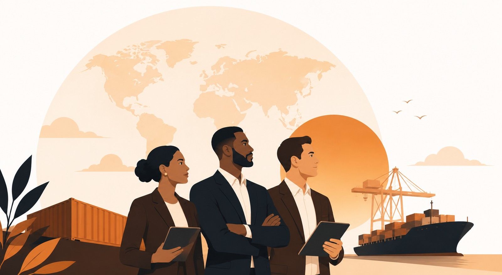 Illustration of a trade team in front of a container ship and port cranes