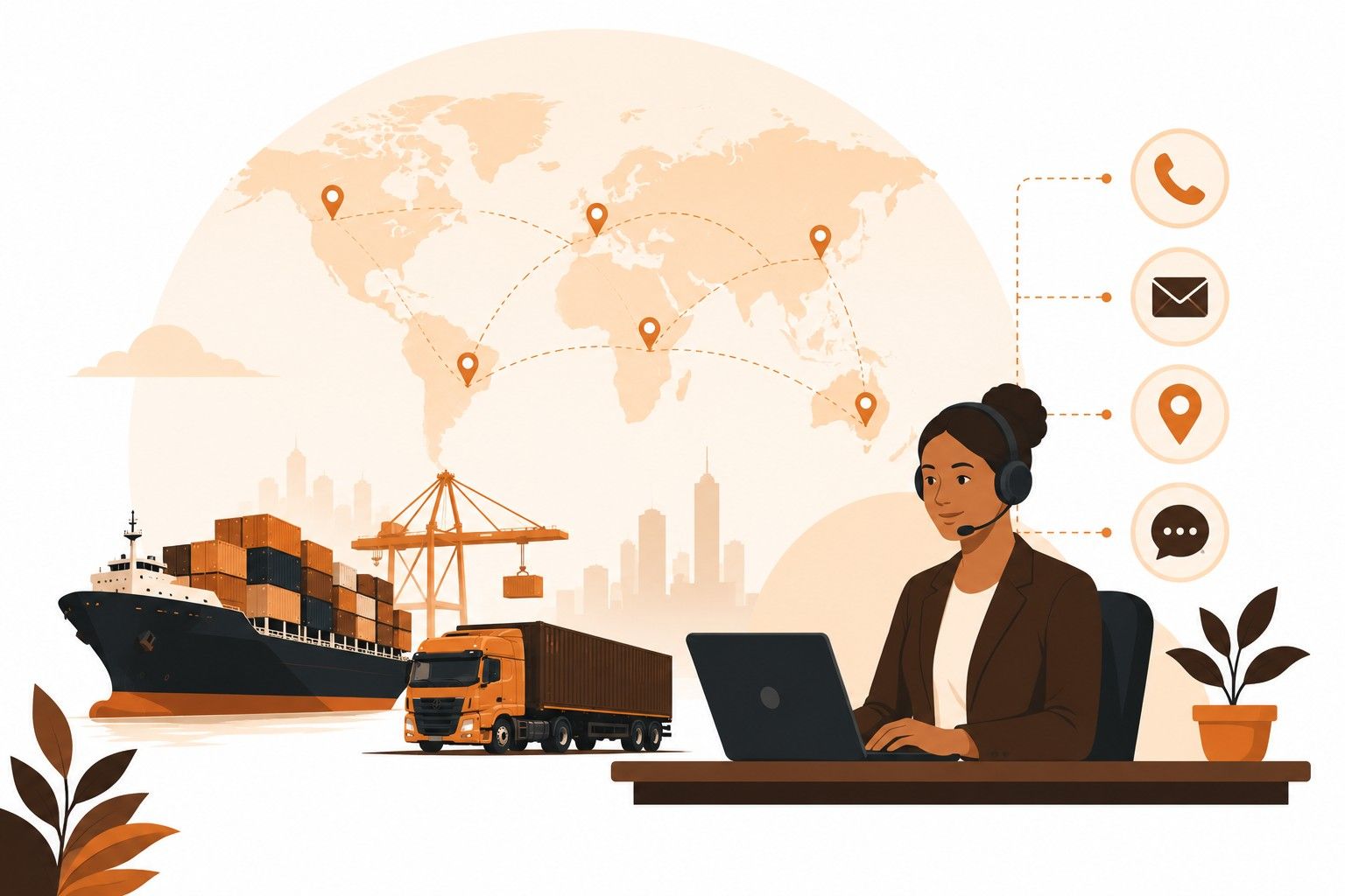 Illustration of a client support agent with a headset, linked to phone, email, location, and chat icons