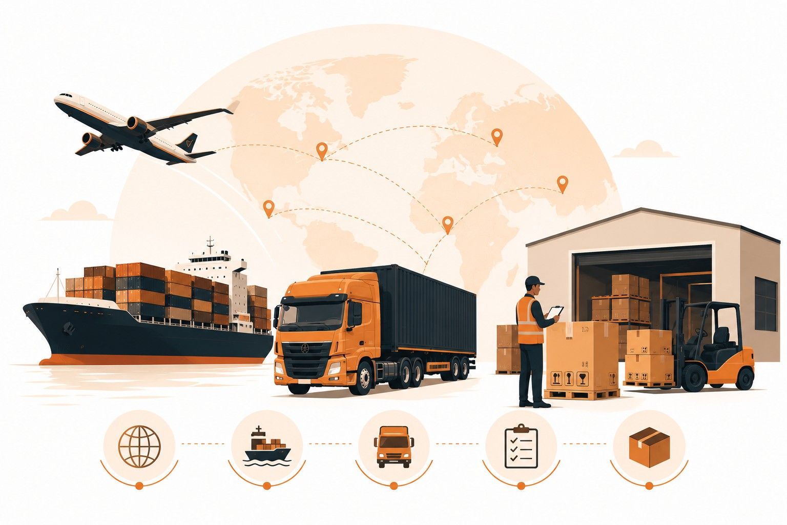 Illustration of the cargo journey: ship, truck, and warehouse, with icons for each service step