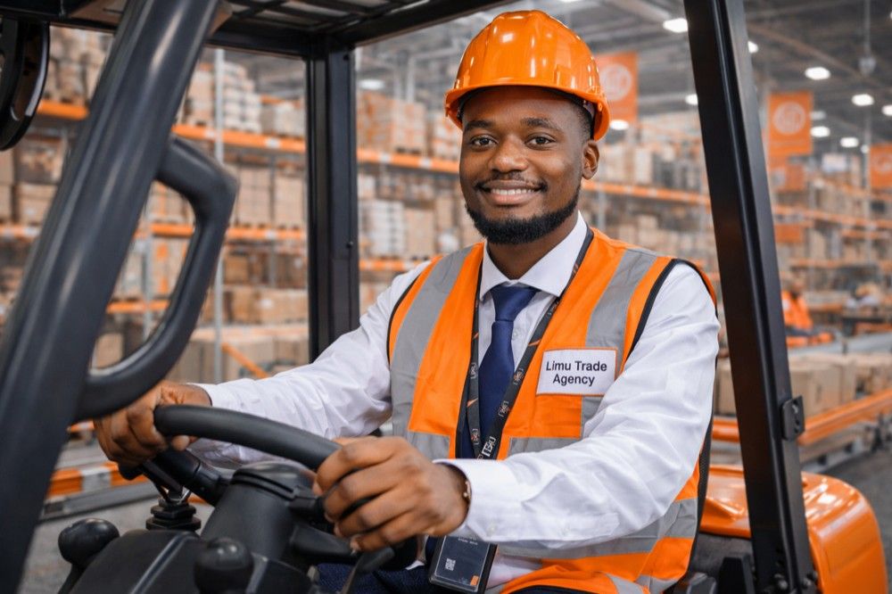 LIMU warehouse operator driving a forklift between stocked shelves